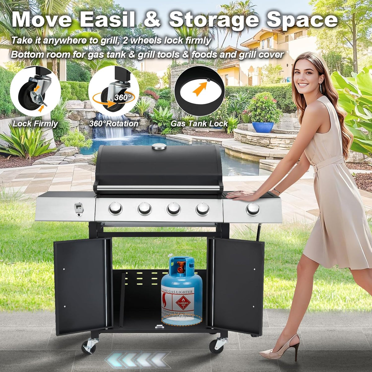 Upgraded 4 Burner BBQ Propane Gas Grill with Cast Iron Grates & Side Stove, 44,000 BTU Stainless Steel Burner Barbecue Grill 