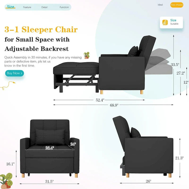 AECOJOY 3-in-1 Convertible Sleeper Sofa Chair with Pillow and Adjustable Backrest - image 34