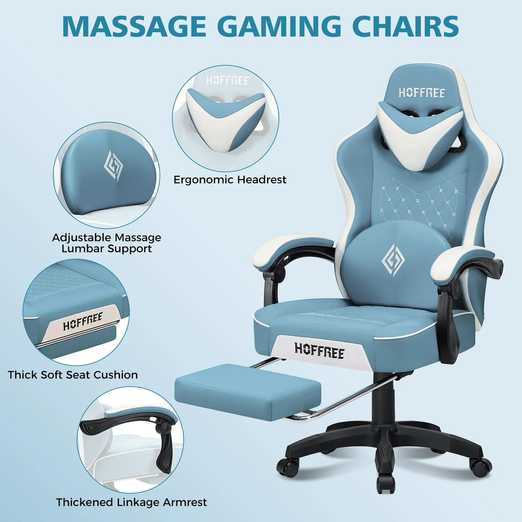 Hoffree Gaming Chair with Massage and Footrest Big and Tall Gamer Chair with Headrest and Lumbar Support PU Computer Game Chair for Adults Office - image 28