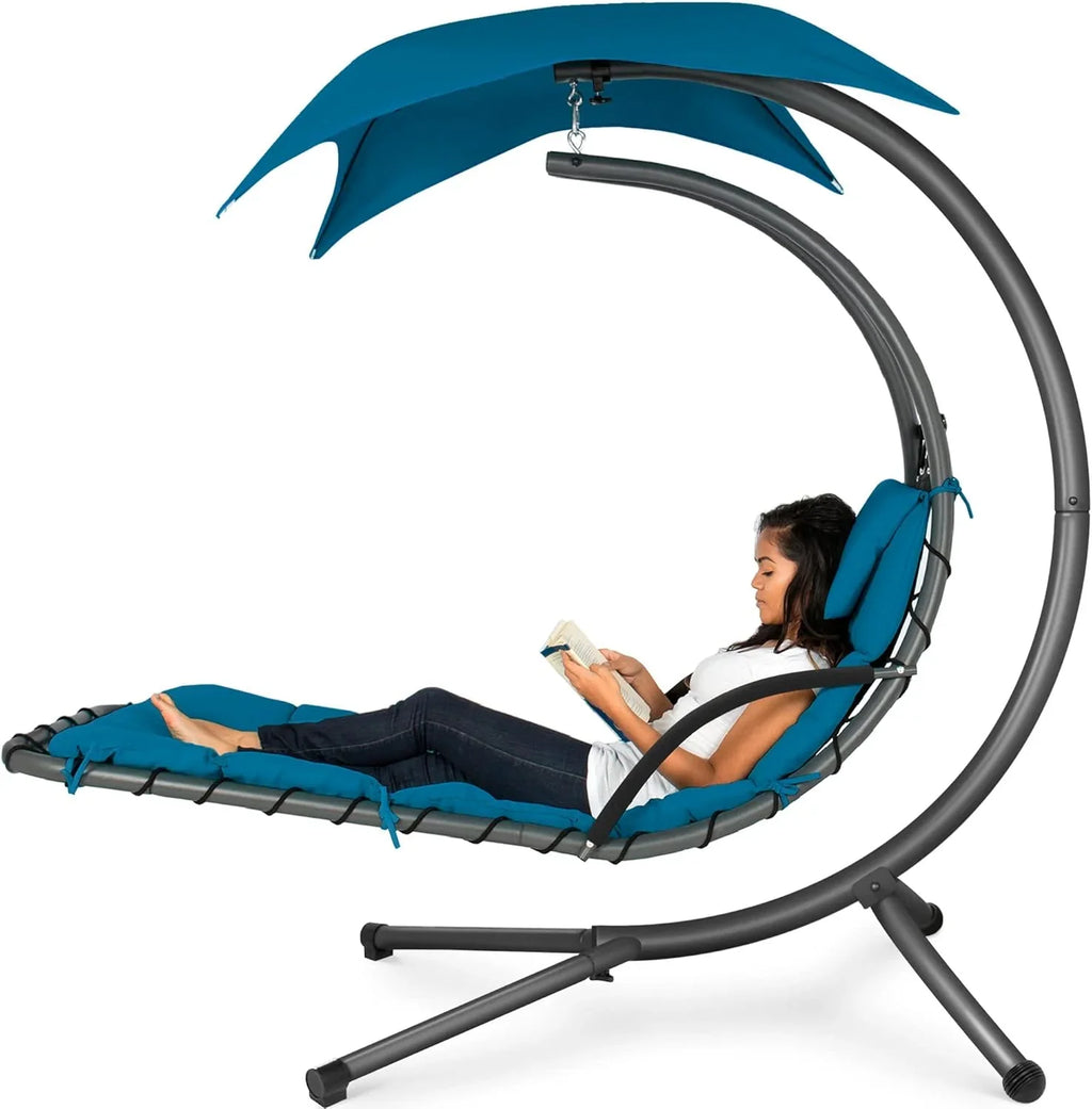 Best Choice Products Outdoor Hanging Curved Steel Chaise Lounge Chair Swing w/Built-in Pillow and Removable Canopy - Charcoal