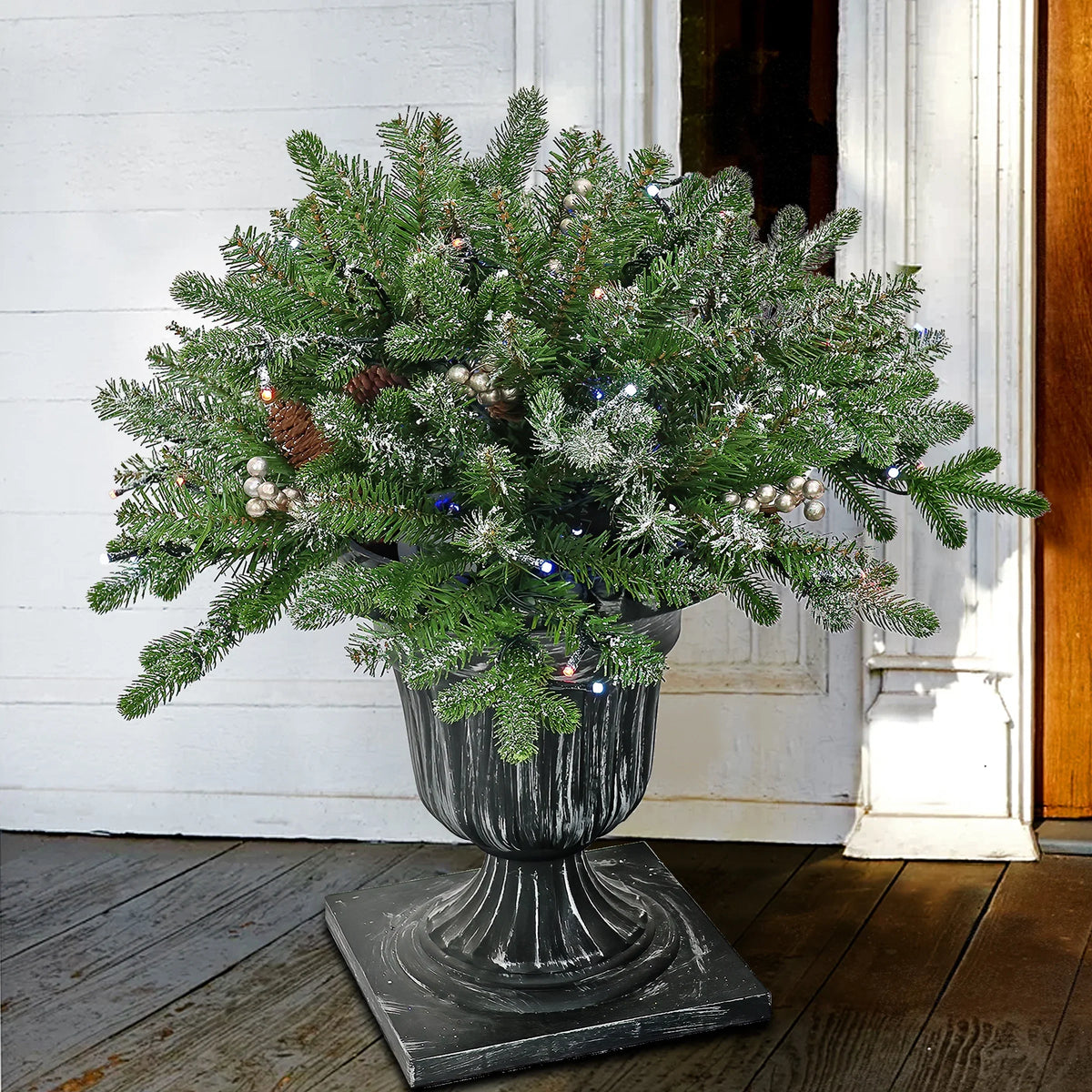 2 ft. Pre-Lit Feel-Real Snowy Morgan Spruce Porch Bush in Silver Brushed Plastic Urn, Green - image 3
