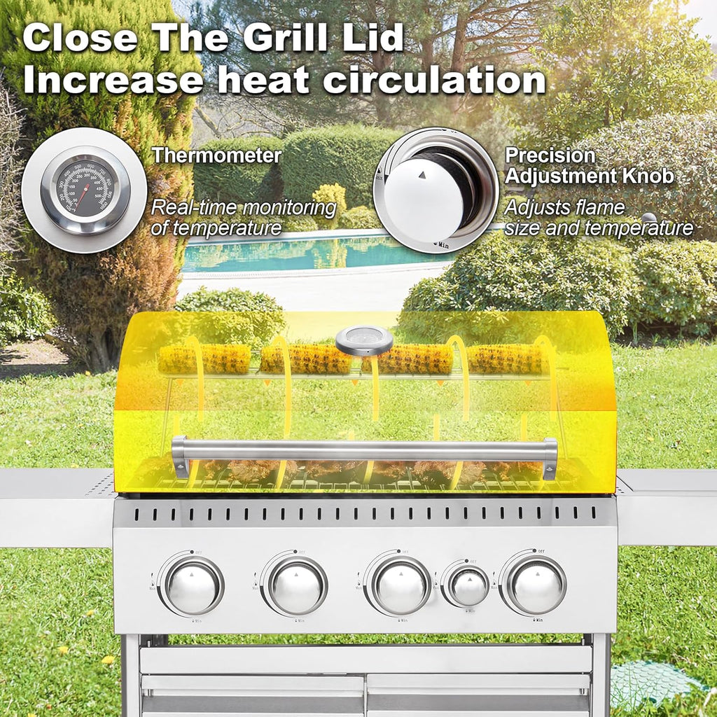 Upgraded 4 Burner BBQ Propane Gas Grill with Cast Iron Grates & Side Stove, 44,000 BTU Stainless Steel Burner Barbecue Grill 