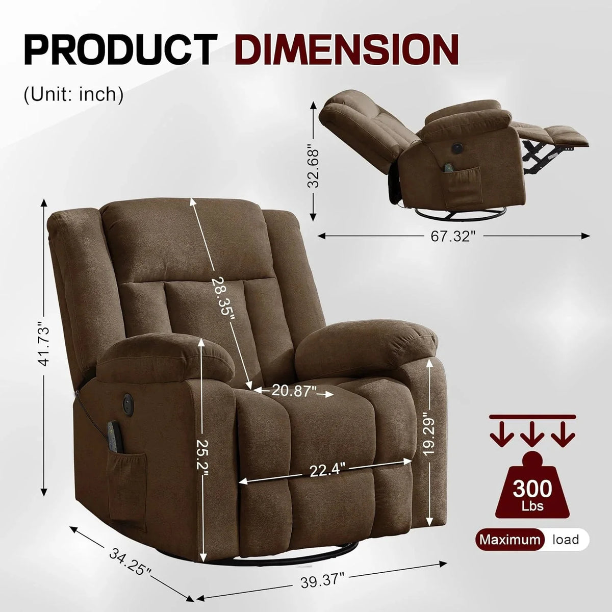 Rocker Recliner, Glider Recliner Chairs for Adults, 360° Swivel Rocking Chair with Massage and Heating, Nursery Chair with Storage and USB Charging for Living Room, Bedroom, Nursery - image 20
