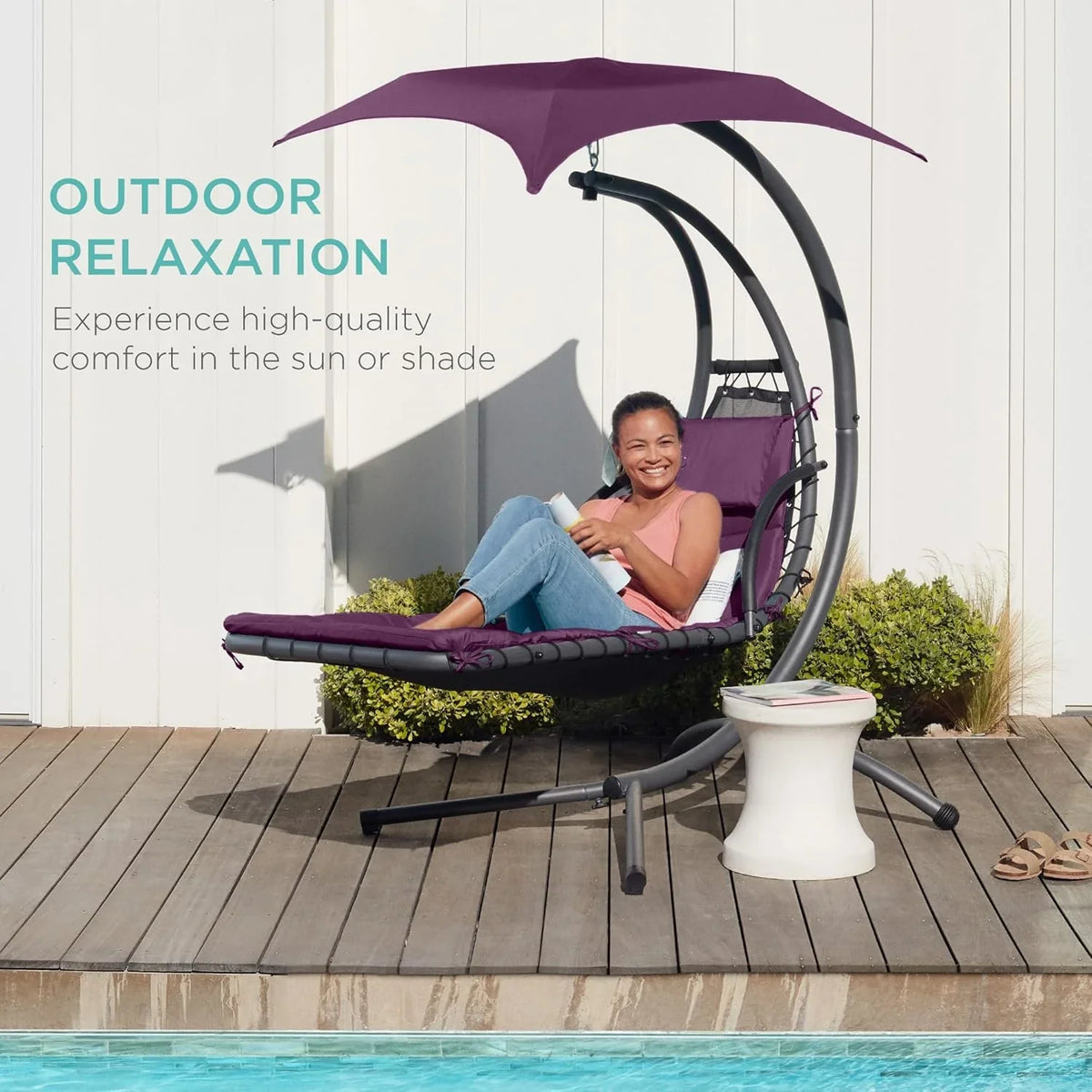 Best Choice Products Outdoor Hanging Curved Steel Chaise Lounge Chair Swing w/Built-in Pillow and Removable Canopy - Charcoal