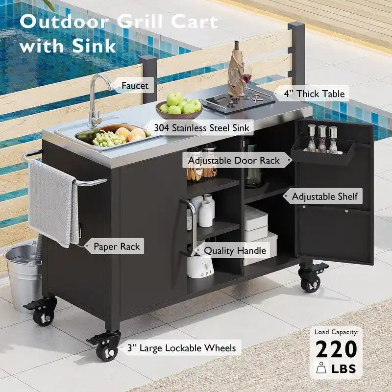 Outdoor Kitchen Island with Sink, Outdoor Bar Cart Sink Station with 4 Lockable Wheels - image 5