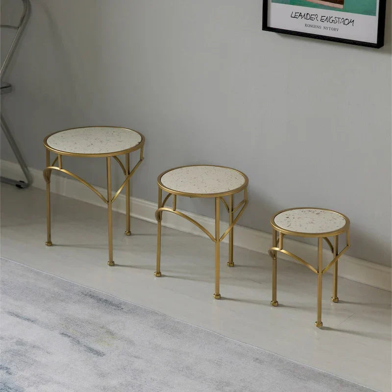 Set of 3 Decorative Gold Metal Round Plant Stands with Modern White Marble Top - Stylish End Side Tables - image 5