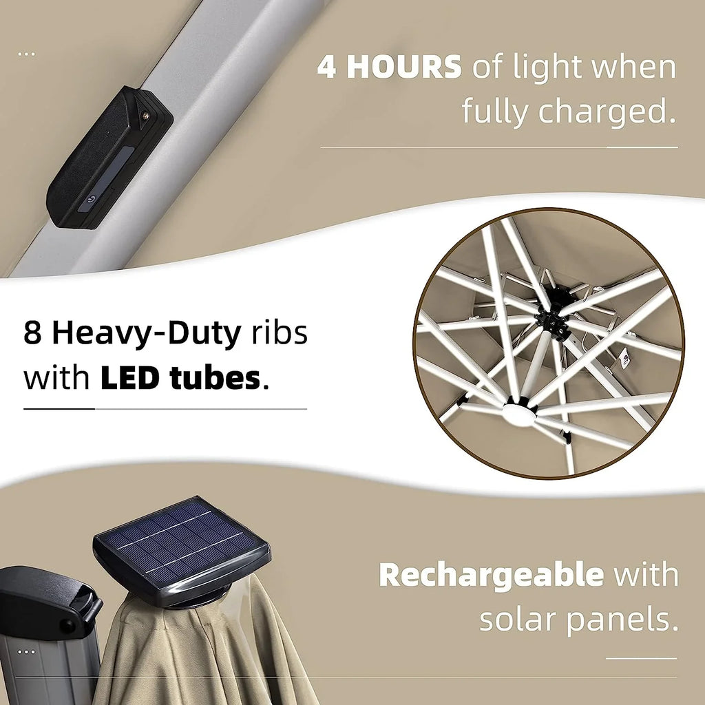 12ft Solar LED Patio Umbrella Outdoor Round Umbrella Large Cantilever Umbrella with LED Lights Windproof Bias Umbrella Heavy 