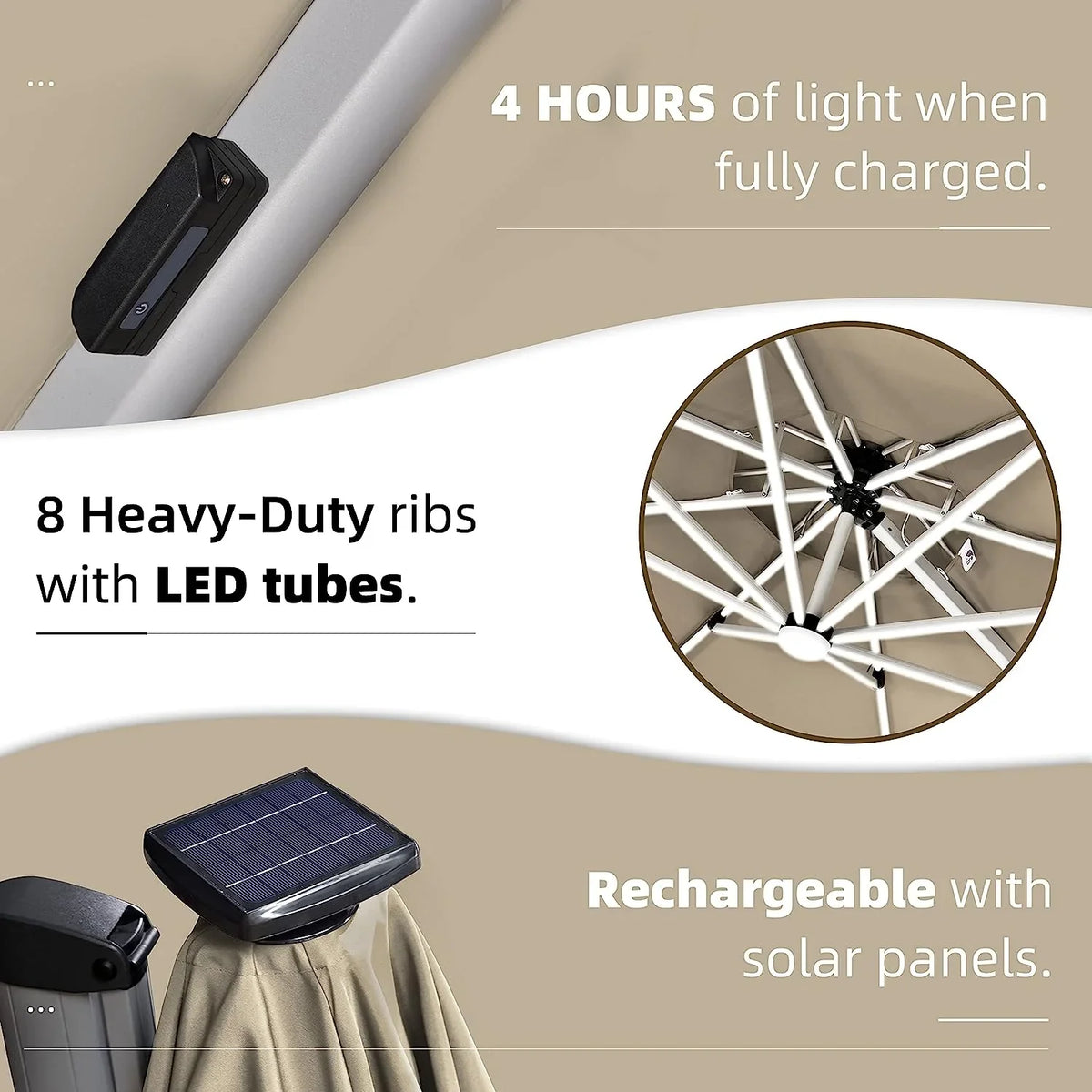 12ft Solar LED Patio Umbrella Outdoor Round Umbrella Large Cantilever Umbrella with LED Lights Windproof Bias Umbrella Heavy 