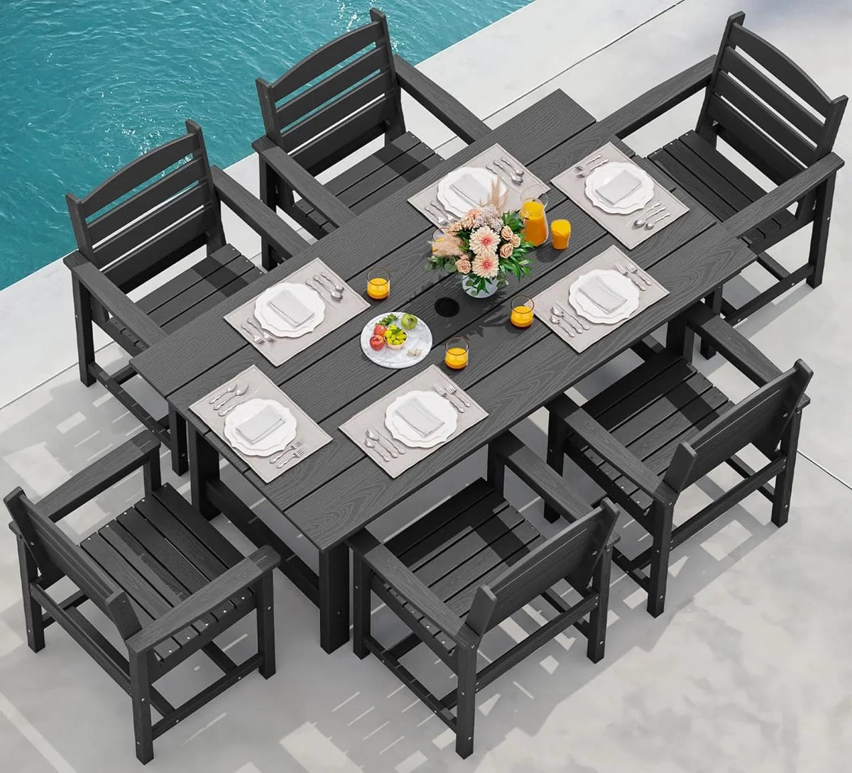 SERWALL 7-Piece Patio Table Set, Outdoor HDPE Dining Furniture with Umbrella Hole, All Weather Table and Chairs for Lawn, Garden, Poolside, Aruba - image 157
