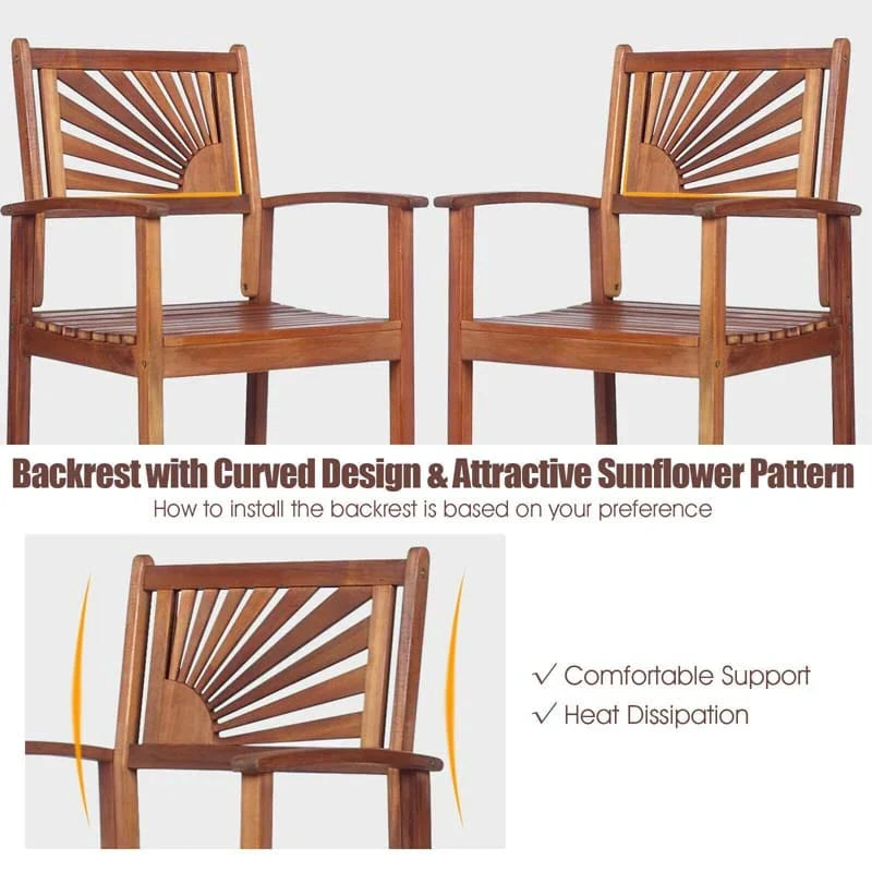 2 Pack Acacia Wood Bar Stools Outdoor Patio Bar Chairs With Sunflower Backrest Amp Curved Armrests - Comfortable And Ergonomi