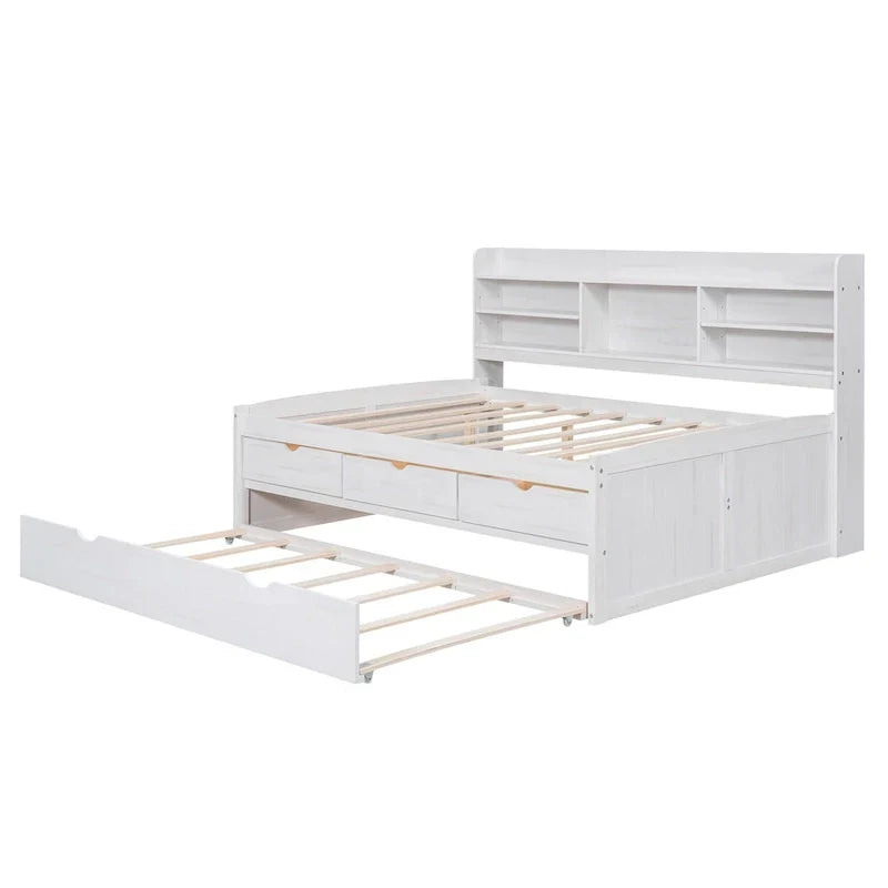 Antique Grey Full-Size Wooden Captain Bed with Built-in Bookshelves, Three Storage Drawers, and Trundle - image 16