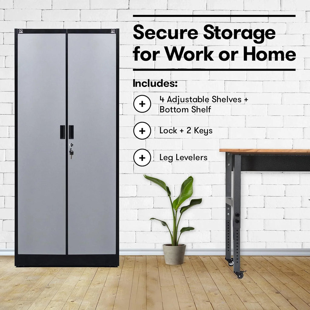 Heavy Duty Metal Garage Locker - 71 "tall large steel multipurpose locker with adjustable shelves and door locks - black and silver - image 2