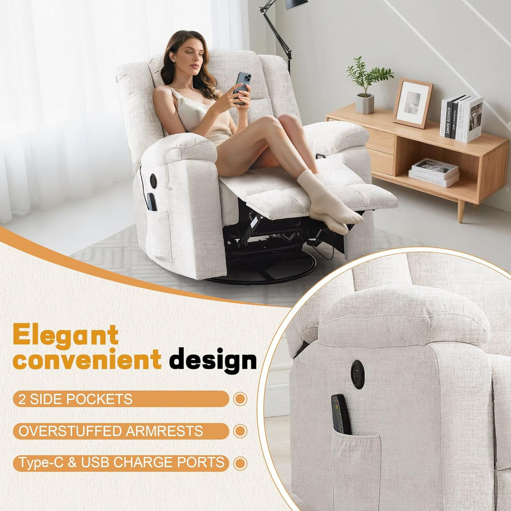 Rocker Recliner, Glider Recliner Chairs for Adults, 360° Swivel Rocking Chair with Massage and Heating, Nursery Chair with Storage and USB Charging for Living Room, Bedroom, Nursery - image 12