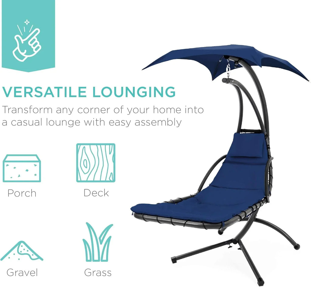 Best Choice Products Outdoor Hanging Curved Steel Chaise Lounge Chair Swing w/Built-in Pillow and Removable Canopy - Charcoal