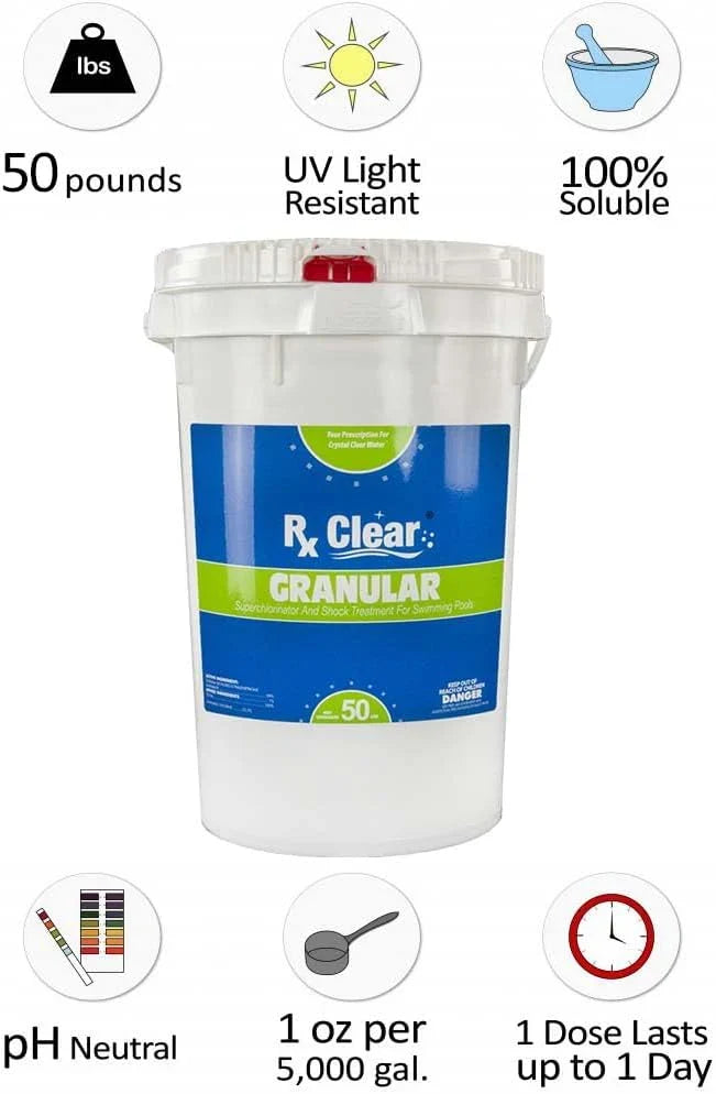 Clear Stabilized Granular Chlorine | One 50-Pound Bucket | Use As Bactericide, Algaecide, and Disinfectant in Swimming Pools 
