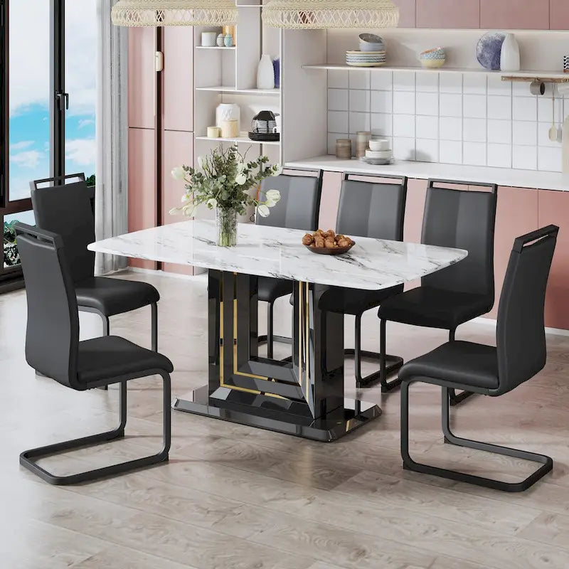 Elegant Dining Table with White Imitation Marble Top, Black MDF Legs Featuring Gold Accents, and a Stylish Black Base - image 7