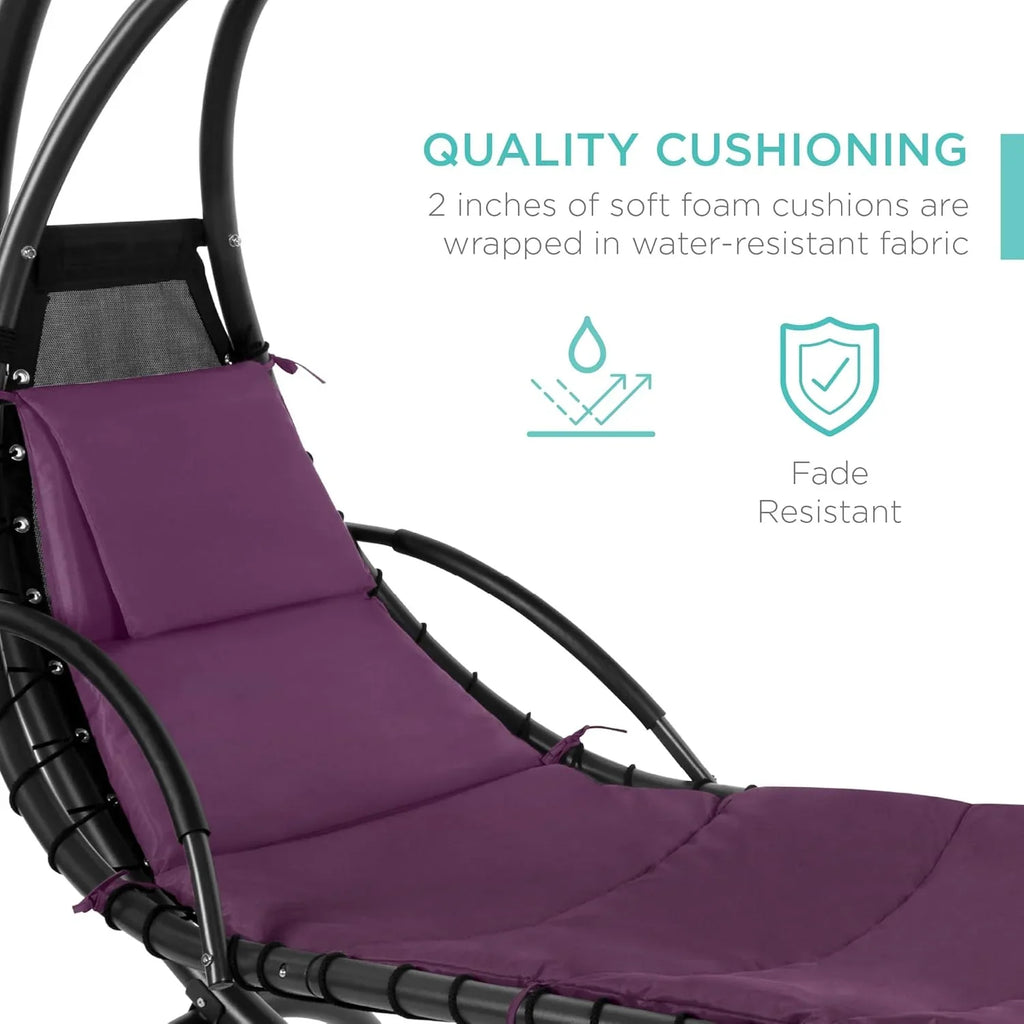 Best Choice Products Outdoor Hanging Curved Steel Chaise Lounge Chair Swing w/Built-in Pillow and Removable Canopy - Charcoal