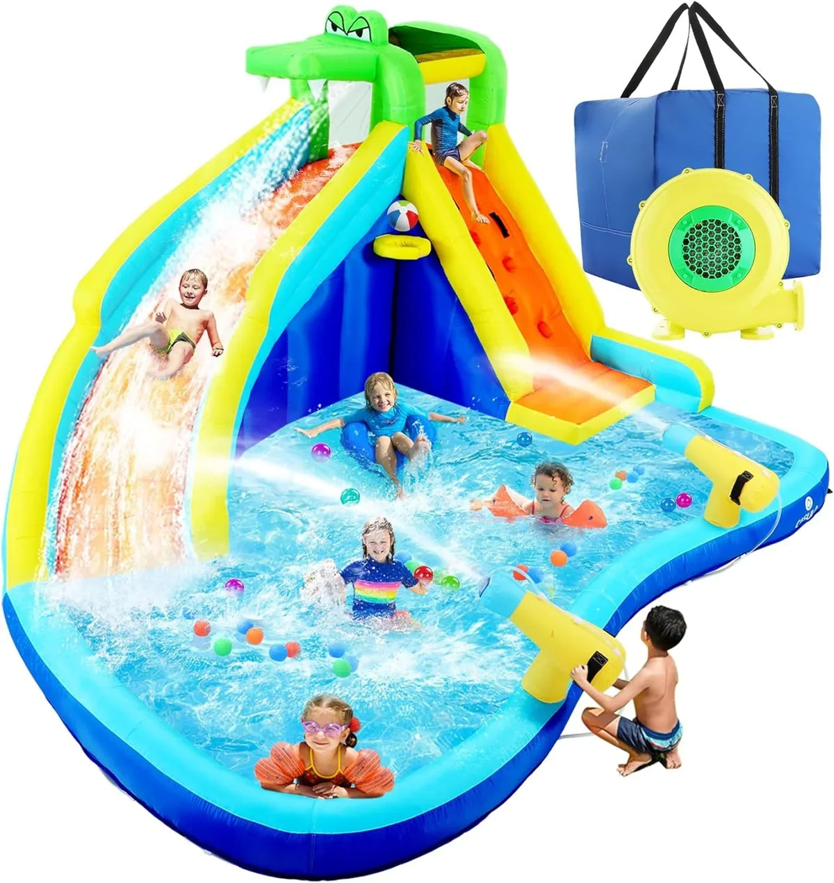 Inflatable Water Slides for Kids 8-in-1 Bounce House Water Park with 450W Blower Climbing Wall, Splash Pool, 2 Water Cannons,