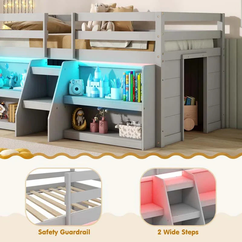 Kids Twin Size Loft Bed with LED Lights, Stairs & Safety Guardrail, Storage Bookcase and Under-bed Play Space - image 7
