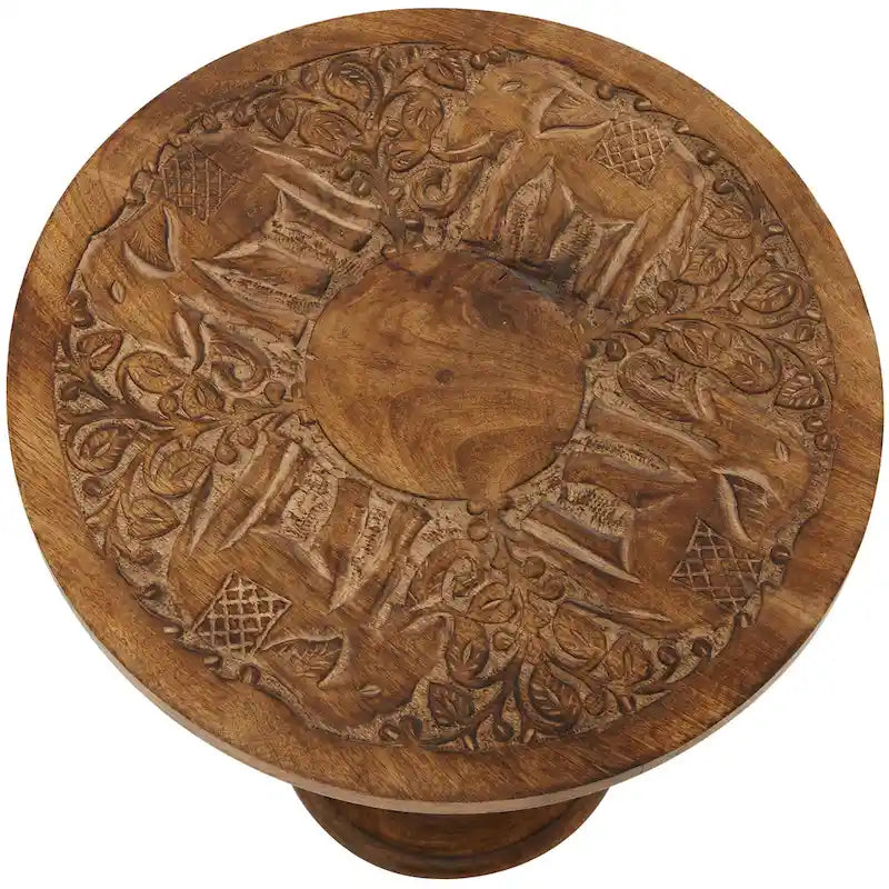 Intricately Carved Dark Brown Mango Wood Accent Table with Elephant or Floral Design and Turned Base - Roche River Decor - image 5