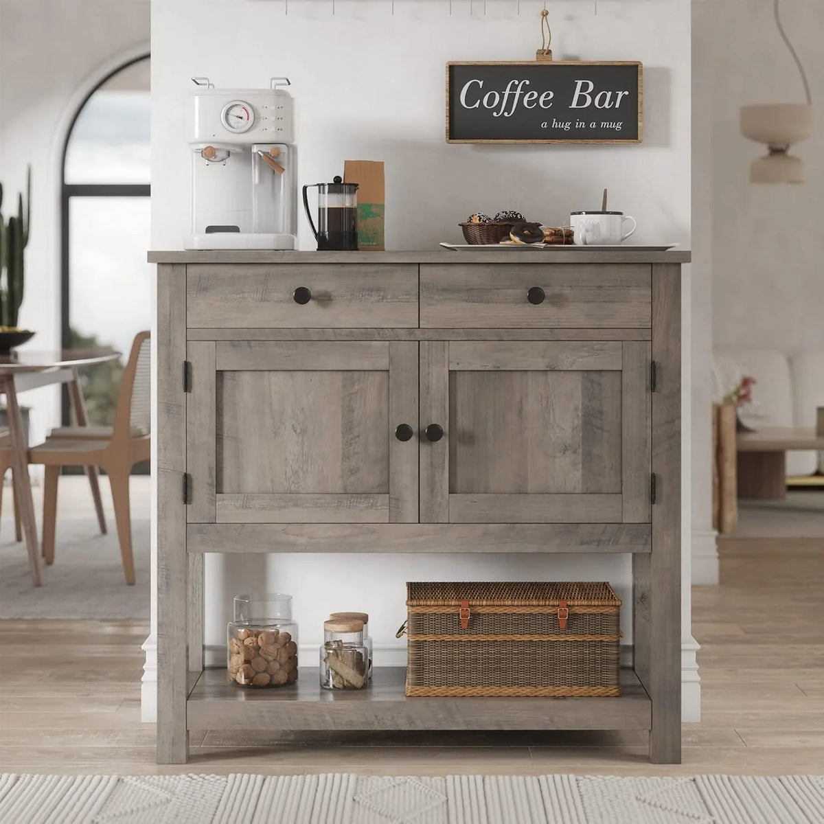 HOSTACK Farmhouse Console Table with 2-Door Cabinet & 2 Drawers, Coffee Bar, Entryway Table with Storage Shelf, Sofa Tables Buffet Sideboard for Kitchen, Hallway, Dining, Living Room, Rustic Brown - image 4