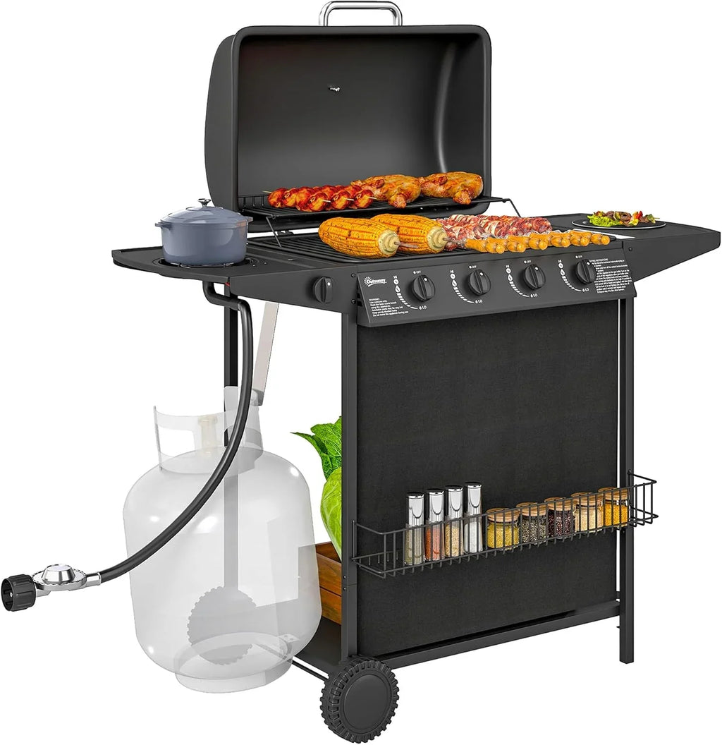 4 1 Burner Propane Gas BBQ Grill, Portable Gas Barbecue Grill with Side Burner, Thermometer, Lid, Side Table, Shelf, Spice Ra