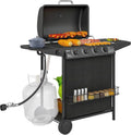 4 1 Burner Propane Gas BBQ Grill, Portable Gas Barbecue Grill with Side Burner, Thermometer, Lid, Side Table, Shelf, Spice Ra