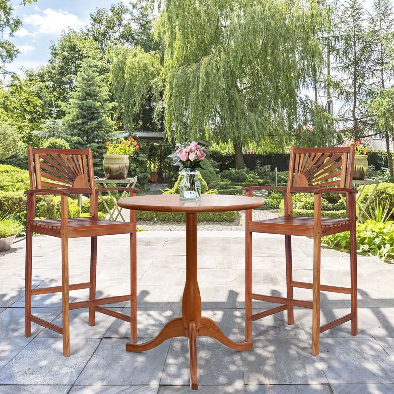 2 Pack Acacia Wood Bar Stools Outdoor Patio Bar Chairs With Sunflower Backrest Amp Curved Armrests - Comfortable And Ergonomi