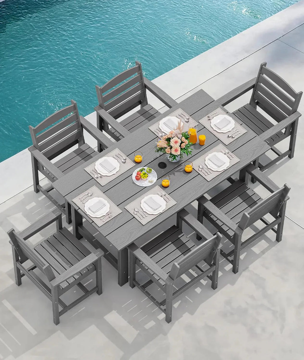 SERWALL 7-Piece Patio Table Set, Outdoor HDPE Dining Furniture with Umbrella Hole, All Weather Table and Chairs for Lawn, Garden, Poolside, Aruba - image 155