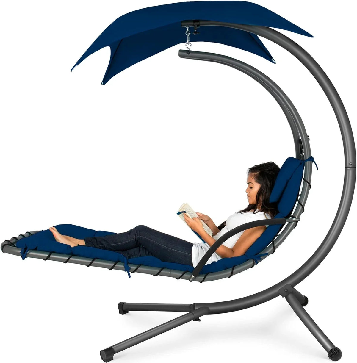 Best Choice Products Outdoor Hanging Curved Steel Chaise Lounge Chair Swing w/Built-in Pillow and Removable Canopy - Charcoal
