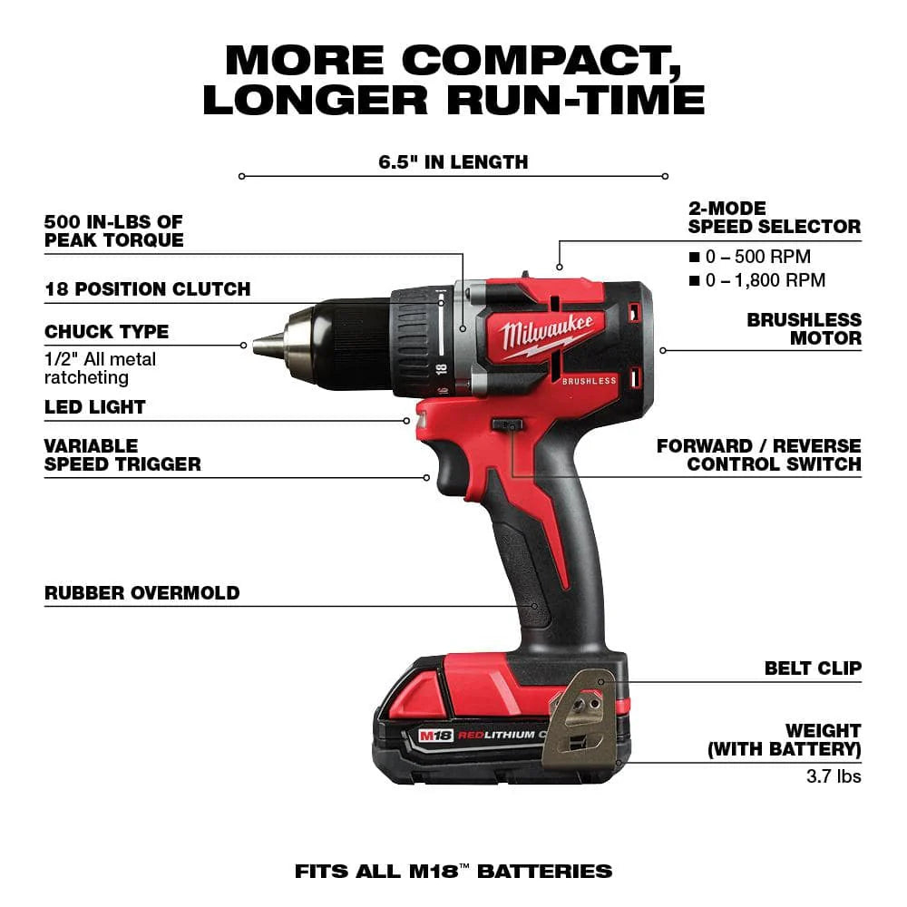 M18 18V Lithium-Ion Brushless Cordless Compact Drill/Impact Combo Kit (2-Tool) W/ (2) 2.0Ah Batteries, Charger & Bag 2892-22CT - image 3