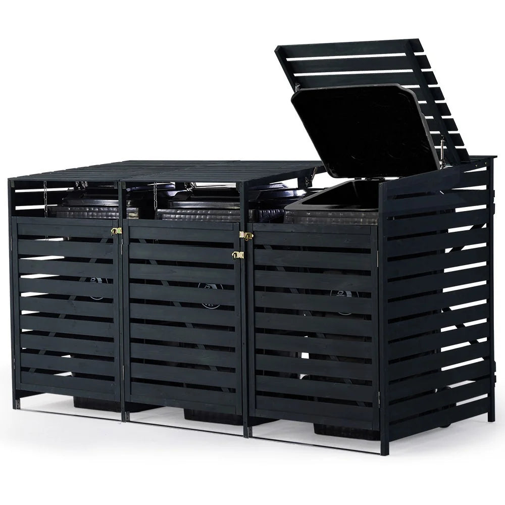 PLANTCRAFT Triple Wood Wheelie Bins Storage Shed, 3 Door Garbage Rubbish Bin Enclosure - image 1