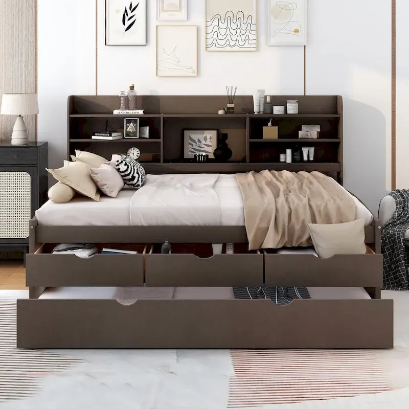 Antique Grey Full-Size Wooden Captain Bed with Built-in Bookshelves, Three Storage Drawers, and Trundle - image 3