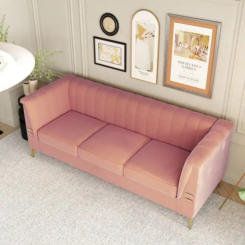 Contemporary Velvet Upholstered 3-Seat Sofa with Golden Metal Legs - Pink Living Room Couch (83.46" x 30.51" x 31.9") - image 11