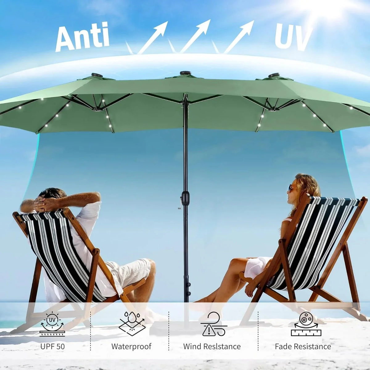 15ft Double Sided Patio Umbrella with Solar Lights, Outdoor Large Umbrellas with Crank Handle and 36 LED Lights, Rectangular Market Umbrella with Base Included for Deck Pool Shade - image 3