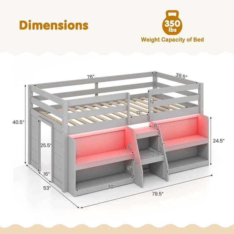 Kids Twin Size Loft Bed with LED Lights, Stairs & Safety Guardrail, Storage Bookcase and Under-bed Play Space - image 10
