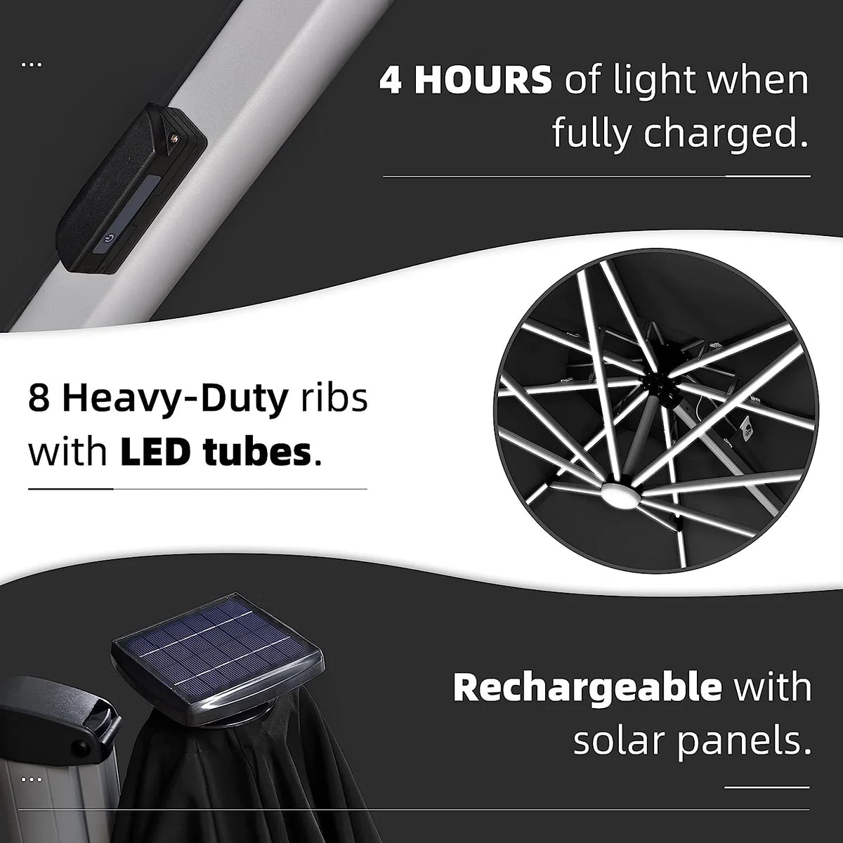 12ft Solar LED Patio Umbrella Outdoor Round Umbrella Large Cantilever Umbrella with LED Lights Windproof Bias Umbrella Heavy 