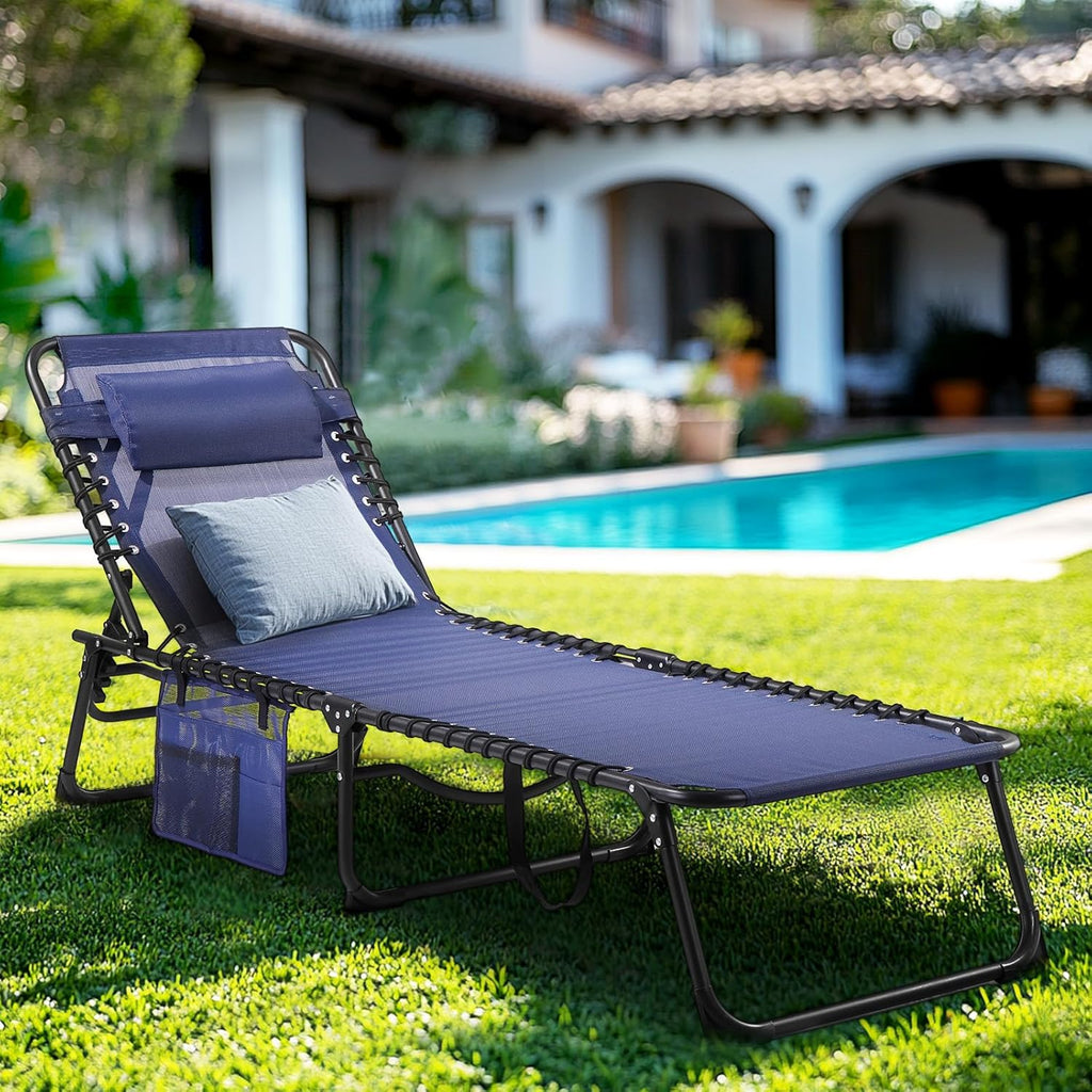 Unovivy Outdoor Chaise Lounge Chairs Set of 2, Portable Folding Pool Lounge Chair with 5-Position Reclining Back, Teslin Tann