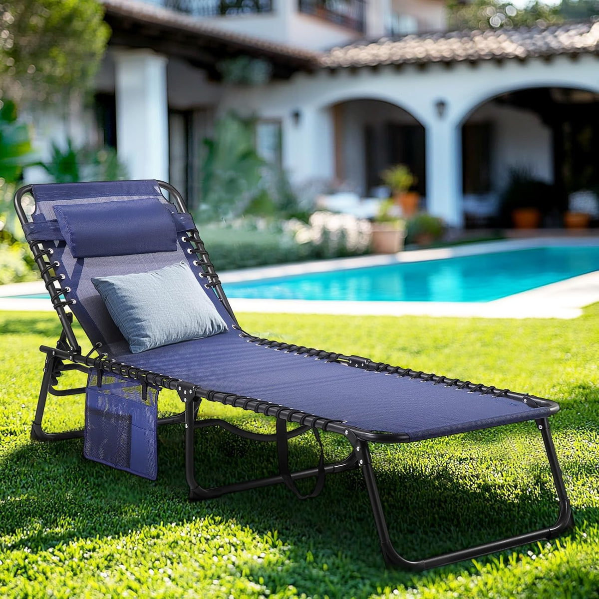 Unovivy Outdoor Chaise Lounge Chairs Set of 2, Portable Folding Pool Lounge Chair with 5-Position Reclining Back, Teslin Tann