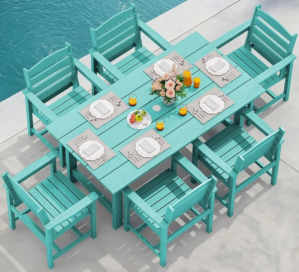 SERWALL 7-Piece Patio Table Set, Outdoor HDPE Dining Furniture with Umbrella Hole, All Weather Table and Chairs for Lawn, Garden, Poolside, Aruba - image 36