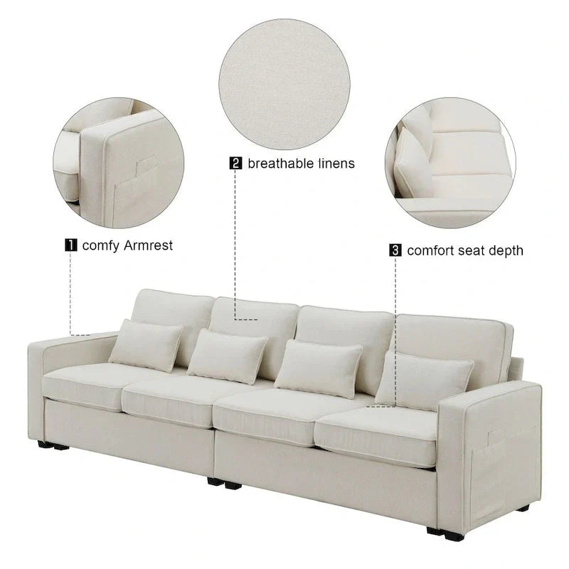 104-Inch Modern Linen Fabric Sofa for 4 with Armrest Pockets and 4 Cushions - image 17