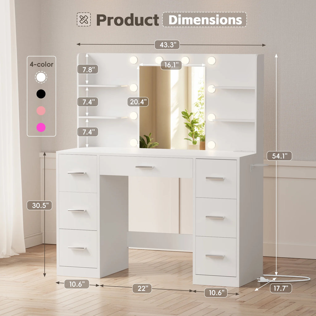 Lacoo Vanity Desk with Mirror and LED Lights, Makeup Vanity with 7 Drawers & 4 Shelves, Vanity Table with Power Outlet for Bedroom Dressing Room, White - image 12