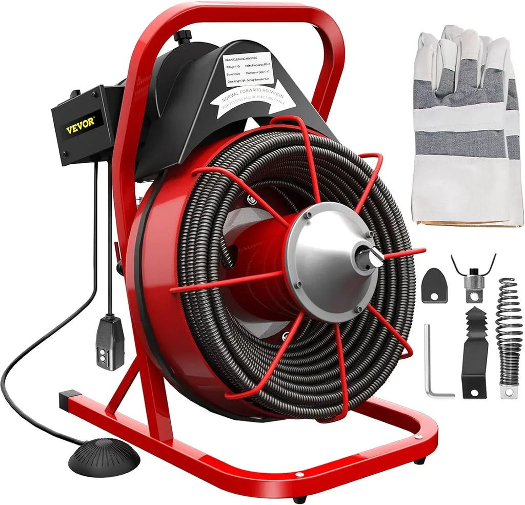 Electric Drain Cleaner Machine by Brand, 75 Ft x 3/8 Inch, Fits 1-4 Inch Pipes, Portable with 4 Cutters, Powerful Plumbing To