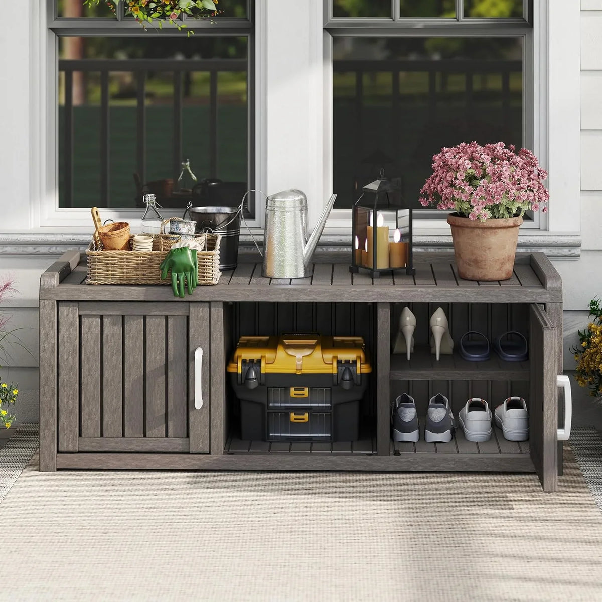 KAMABOKO Outdoor Shoe Storage Cabinet, Waterproof UV-Resistant Entryway Storage Bench Indoor Outdoor with 2 Barn Doors, Adjus