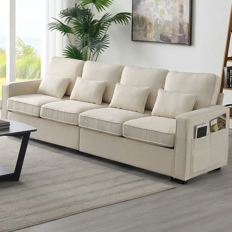 104-Inch Modern Linen Fabric Sofa for 4 with Armrest Pockets and 4 Cushions - image 4