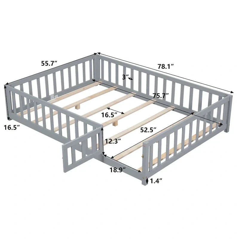 Kids' Full-Size Wooden Floor Bed with Fence and Door - image 7