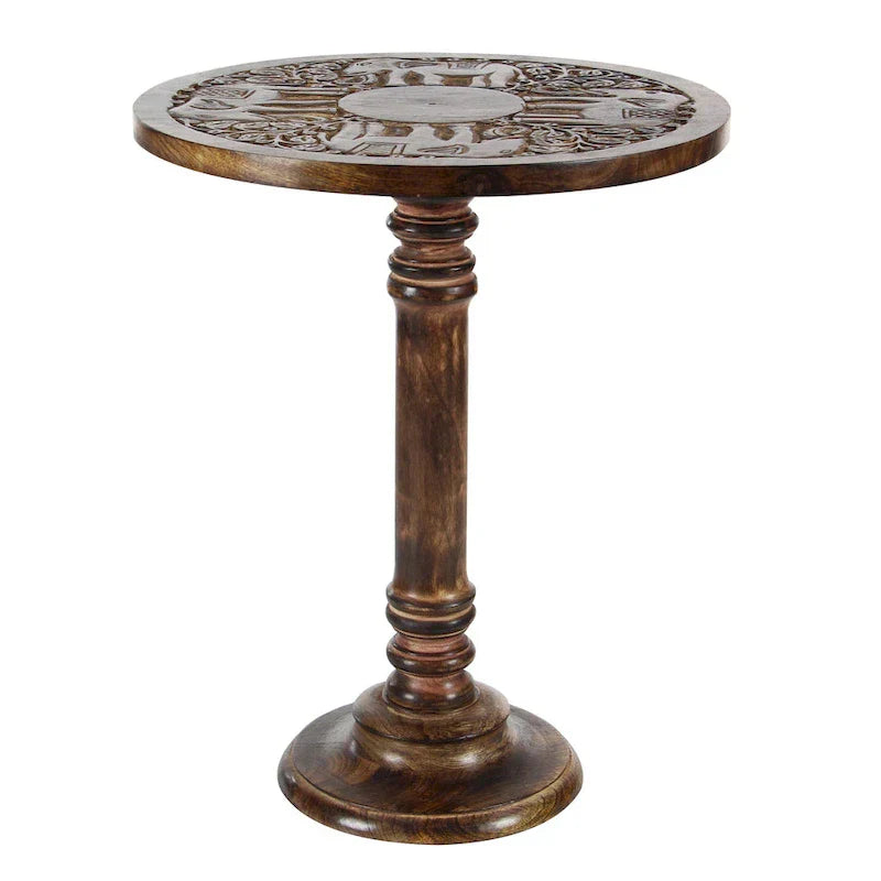 Intricately Carved Dark Brown Mango Wood Accent Table with Elephant or Floral Design and Turned Base - Roche River Decor - image 1