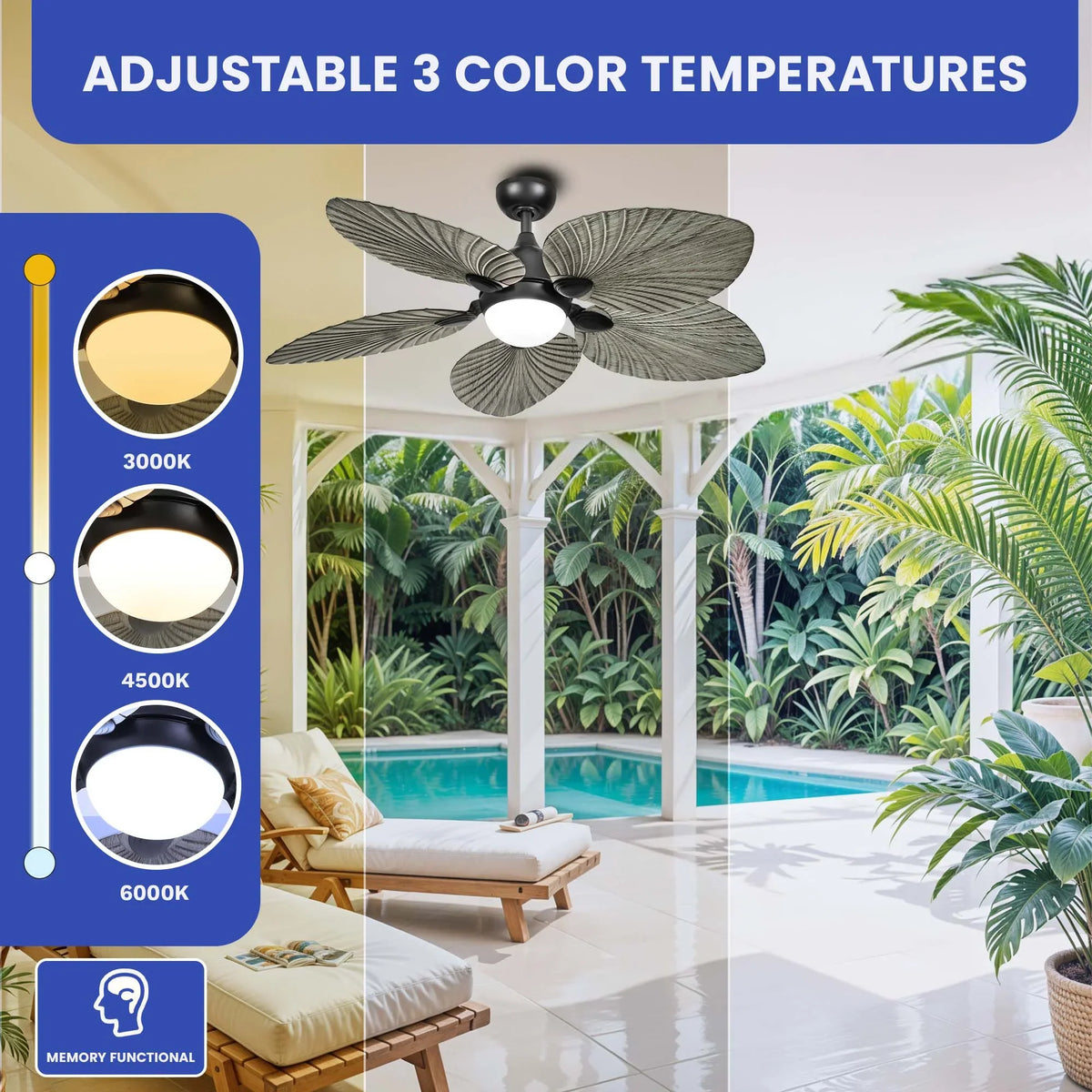 ModFusion 52" Gray Black Coastal Ceiling Fan with Palm Leaf Blades, LED Light & Remote -C Quiet Reversible DC Motor Indoor/Outdoor - image 6
