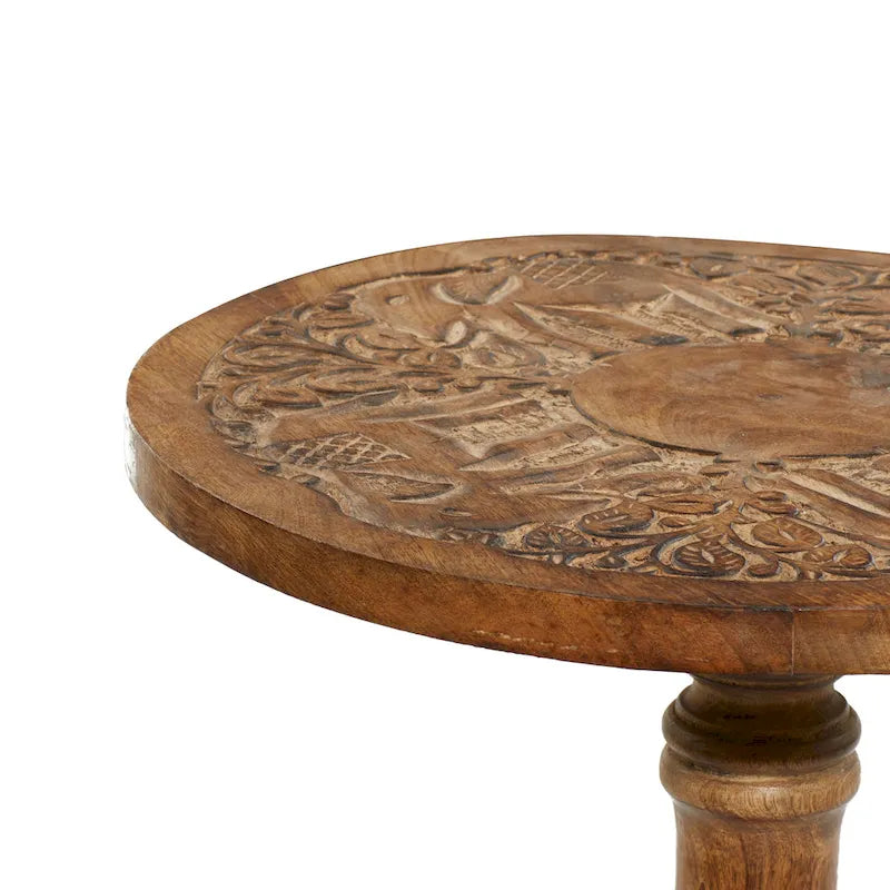Intricately Carved Dark Brown Mango Wood Accent Table with Elephant or Floral Design and Turned Base - Roche River Decor - image 7