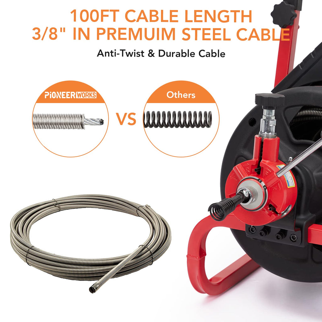 Garvee 100Ft x 3/8 Inch Drain Cleaner Machine, Auto-feed Electric Drain Auger Professional 6.8A, Air-Activated Foot Switch, with 6 Cutters, Glove, Drain Auger Cleaner Sewer Snake